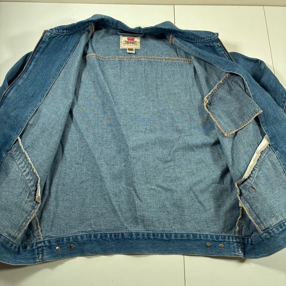 Vintage 1997 Levi's Denim Jacket XL Blue Full Zip Acid Graphic Back Patch Chore